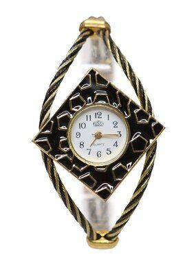 Vintage Gold Tone Black Enamel Diamond Cuff Watch Twisted Cable Bangle Quartz